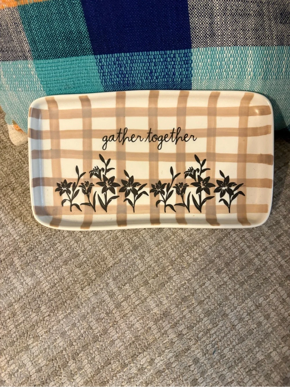 Rae Dunn Cream and Tan Plaid Tray with Black Floral Script